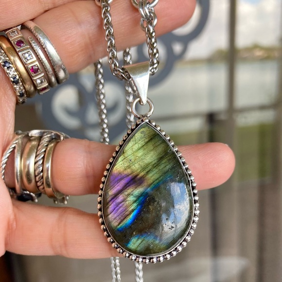 925 Sterling silver overlay iridescent rainbow pink blue labradorite necklace - Picture 9 of 14